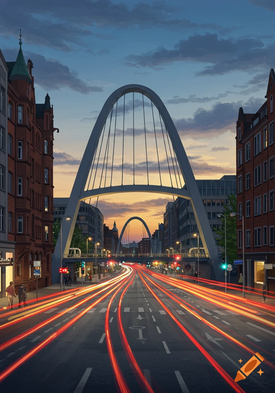 A long exposure night cityscape showing red light trails from traffic on a road leading to a modern arched bridge, with buildings on both sides under a dramatic dusk sky.