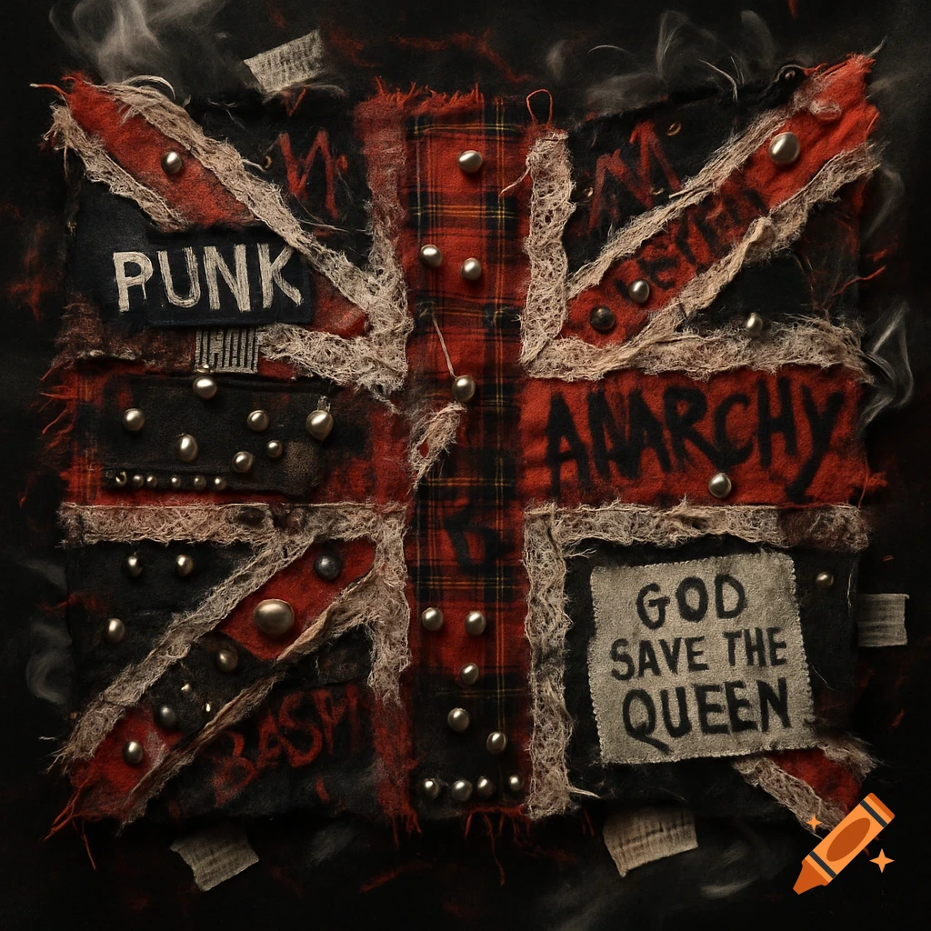 A distressed, punk-style Union Jack flag with studs, tartan, lace, and graffiti, featuring "PUNK", "ANARCHY", and "GOD SAVE THE QUEEN" slogans.