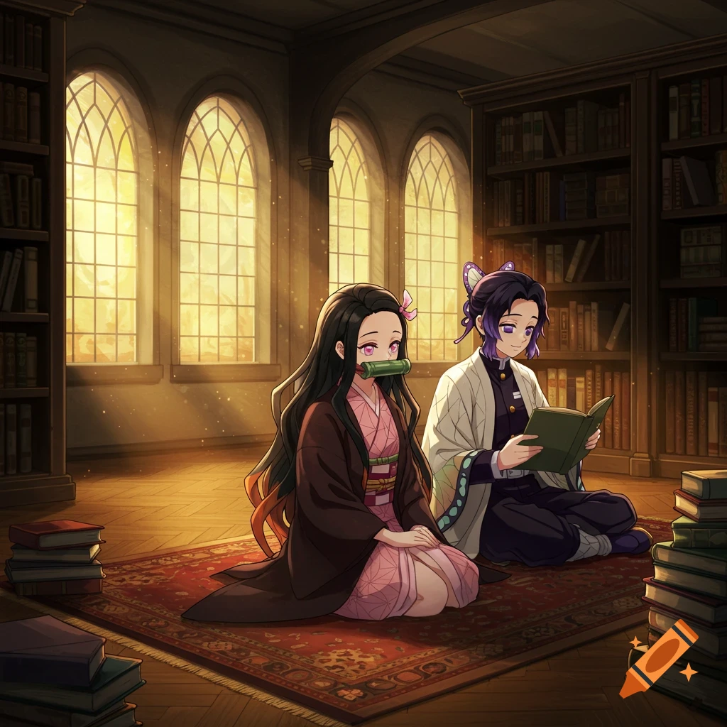 Anime style image of Nezuko and Shinobu sitting on a rug in a sunlit library, with Shinobu reading a book.
