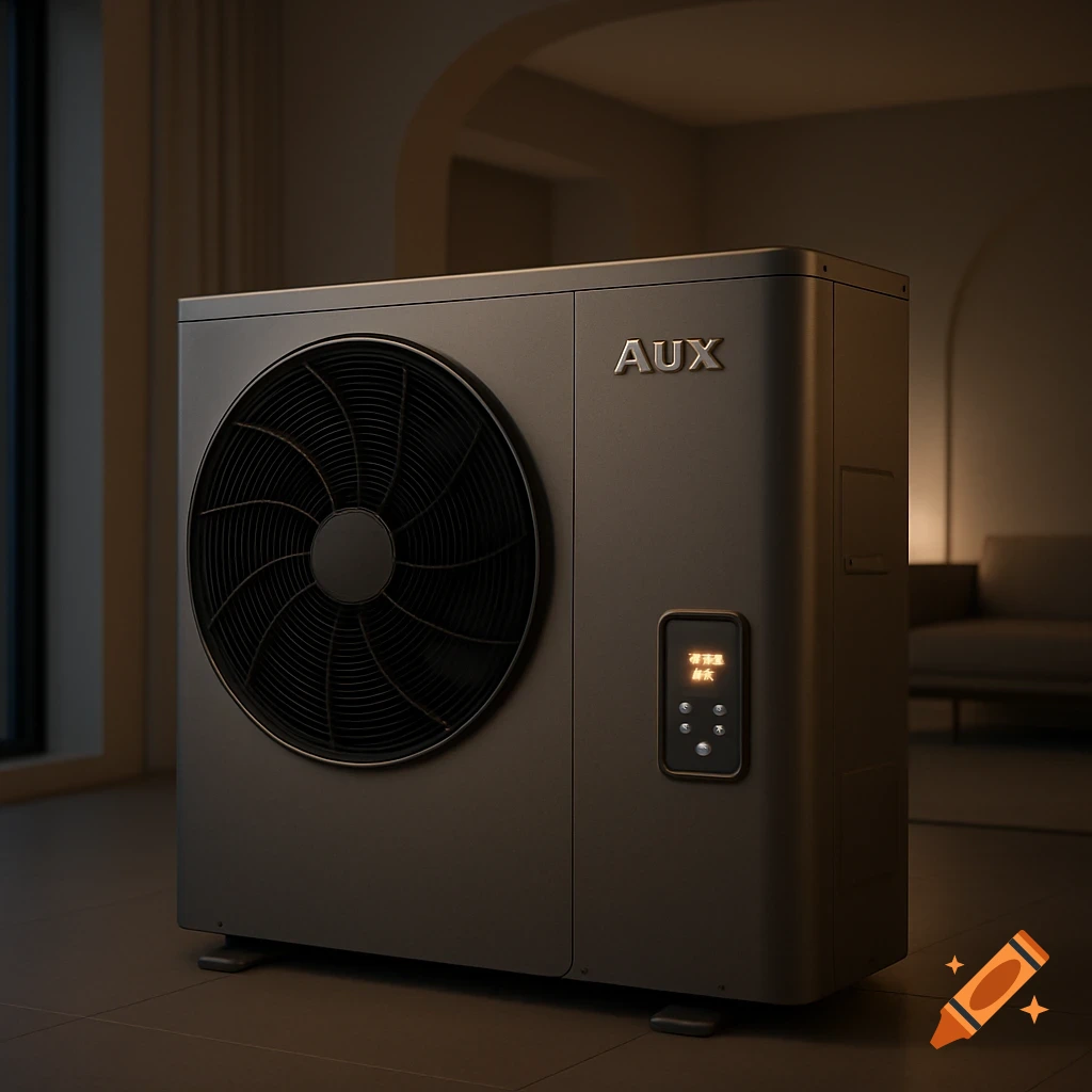 A sleek, dark gray heat pump with a large circular fan and a glowing control panel sits on a tiled floor in a dimly lit, modern room.