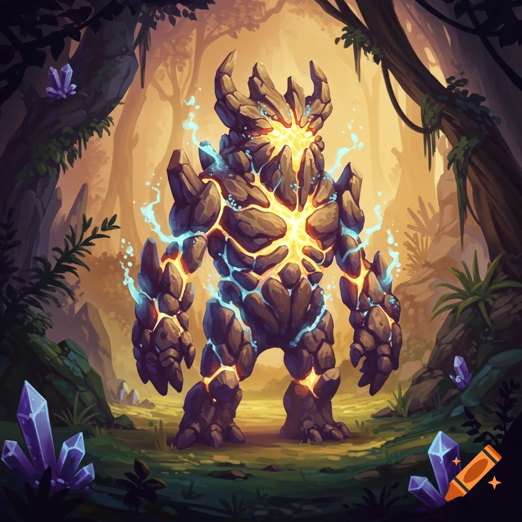 A formidable rock monster with glowing orange lava cracks and blue energy stands in a vibrant fantasy forest with purple crystals.