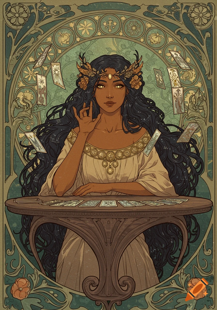 An Art Nouveau drawing of a dark-skinned woman with long black hair and a gold crown, sitting at a table surrounded by tarot cards.