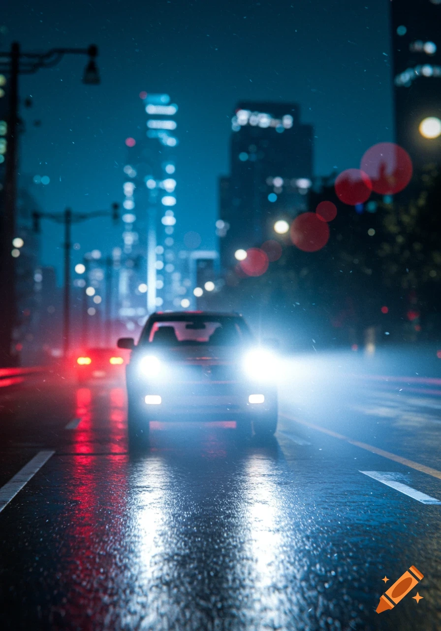 A car with bright headlights on a wet city street at night, with blurred city lights in the background.