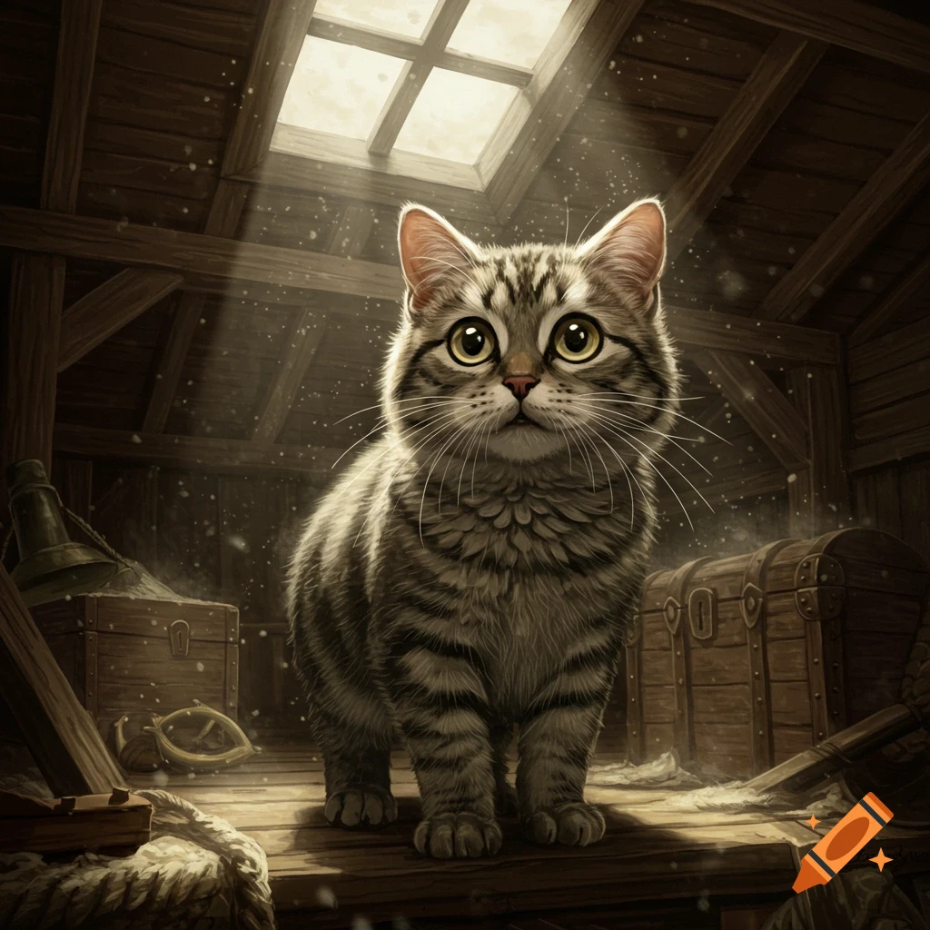 A detailed image of a wide-eyed tabby cat standing in a dusty attic, with sunlight streaming through a skylight.
