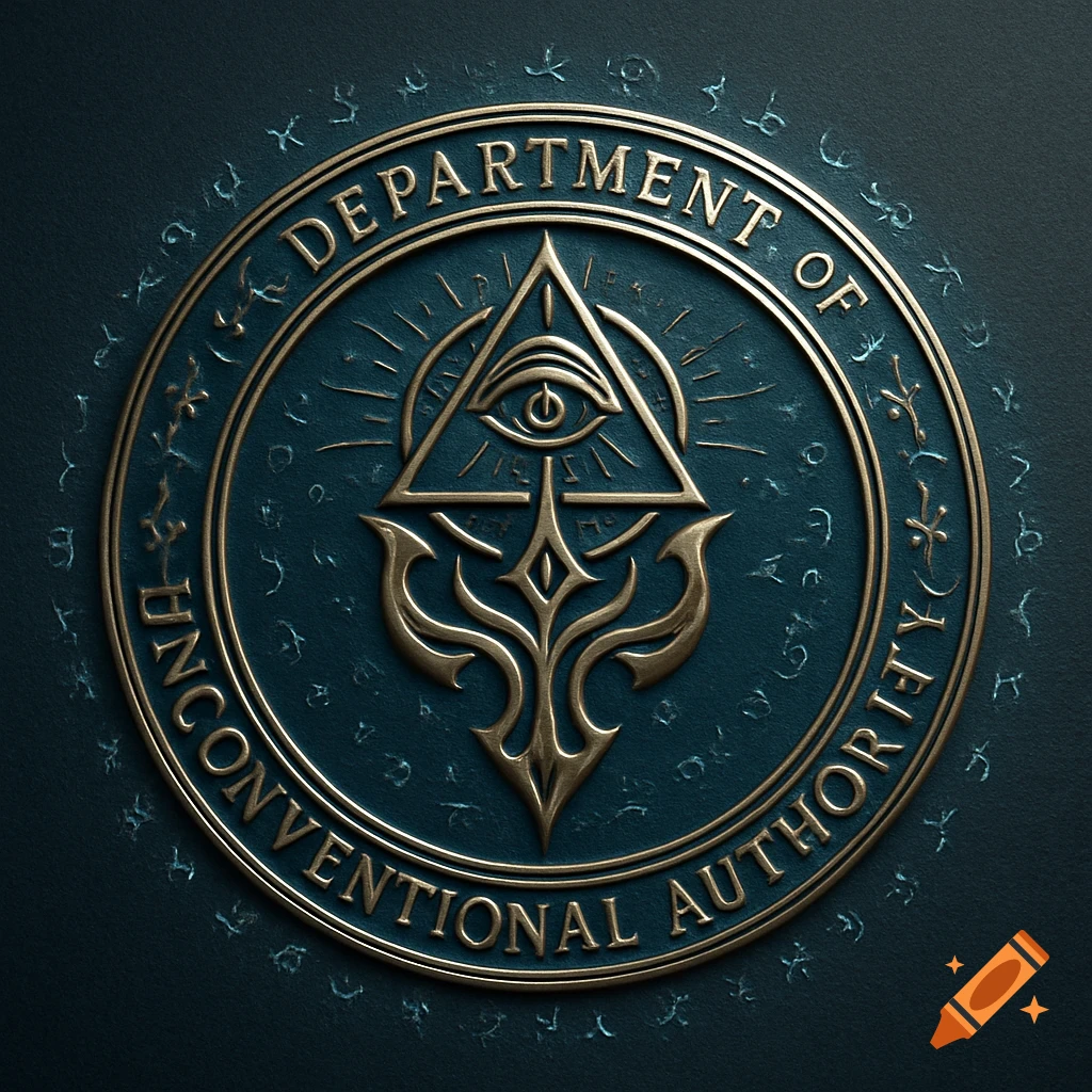 A gold and teal circular seal with 'DEPARTMENT OF UNCONVENTIONAL AUTHORITY' text, featuring an all-seeing eye in a triangle.