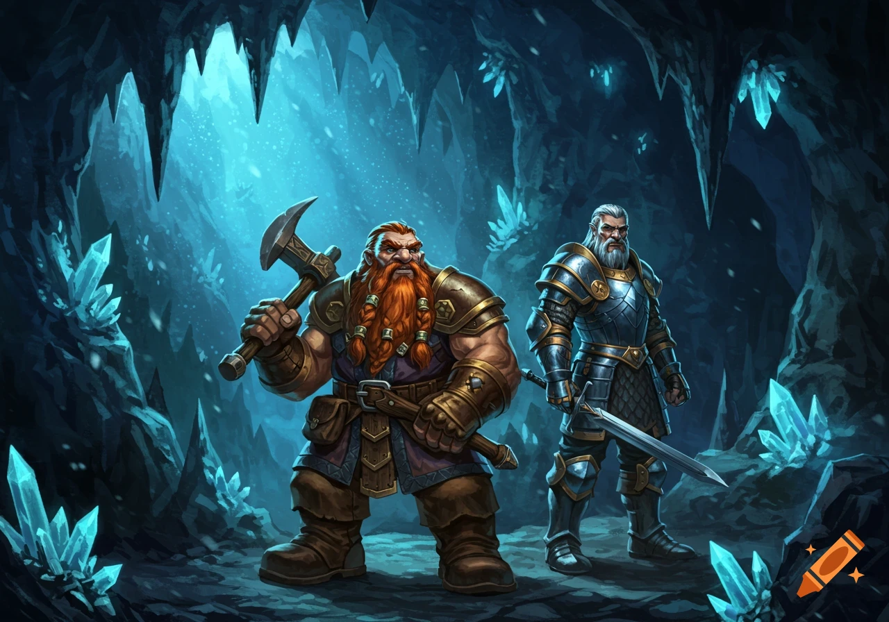 A dwarf with an axe and a knight with a sword stand in a glowing blue crystal cave, fantasy art.