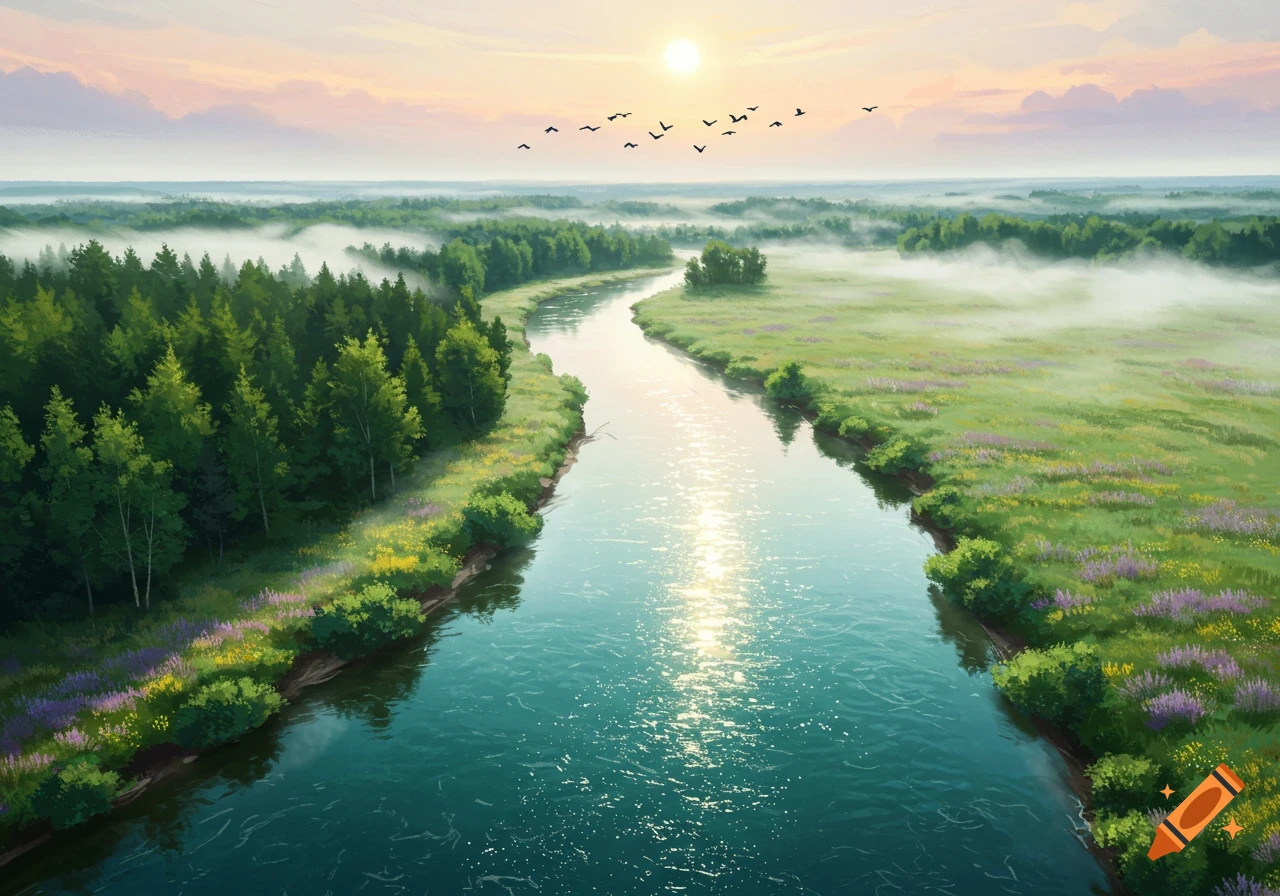 An aerial view of a winding river through a lush green forest and misty fields at sunset, with birds flying.
