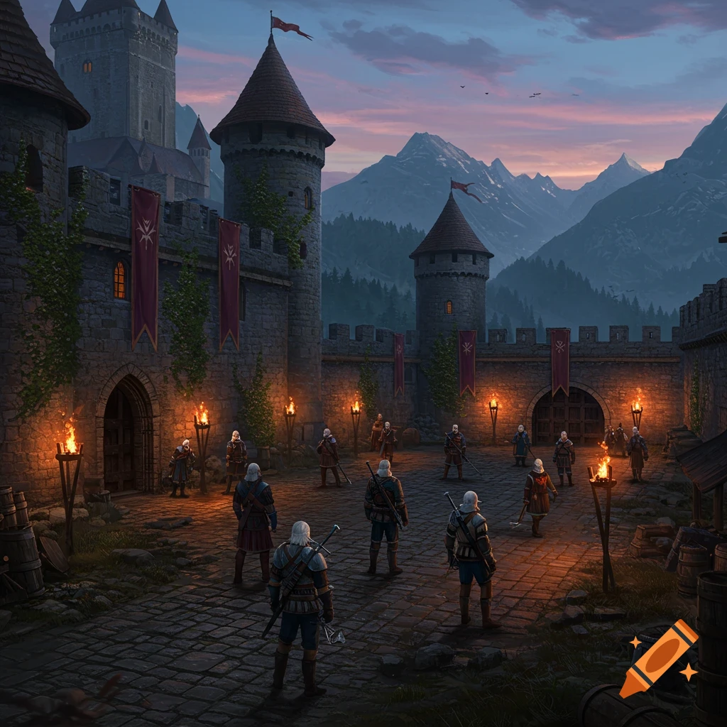 Armored warriors stand in a torchlit medieval castle courtyard at dusk, with mountains in the background.