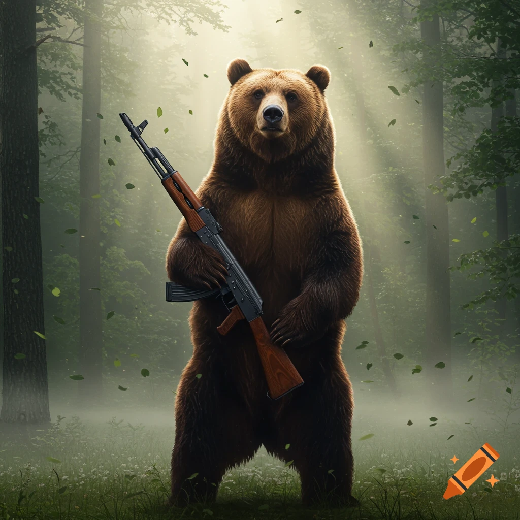 A large brown bear stands upright in a misty forest, holding an AK-47 rifle.