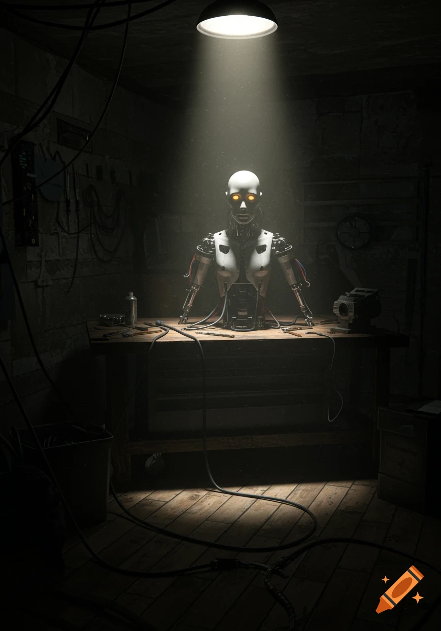 A half-finished humanoid robot with glowing yellow eyes sits on a workbench in a dimly lit, dark workshop under dramatic spotlight.