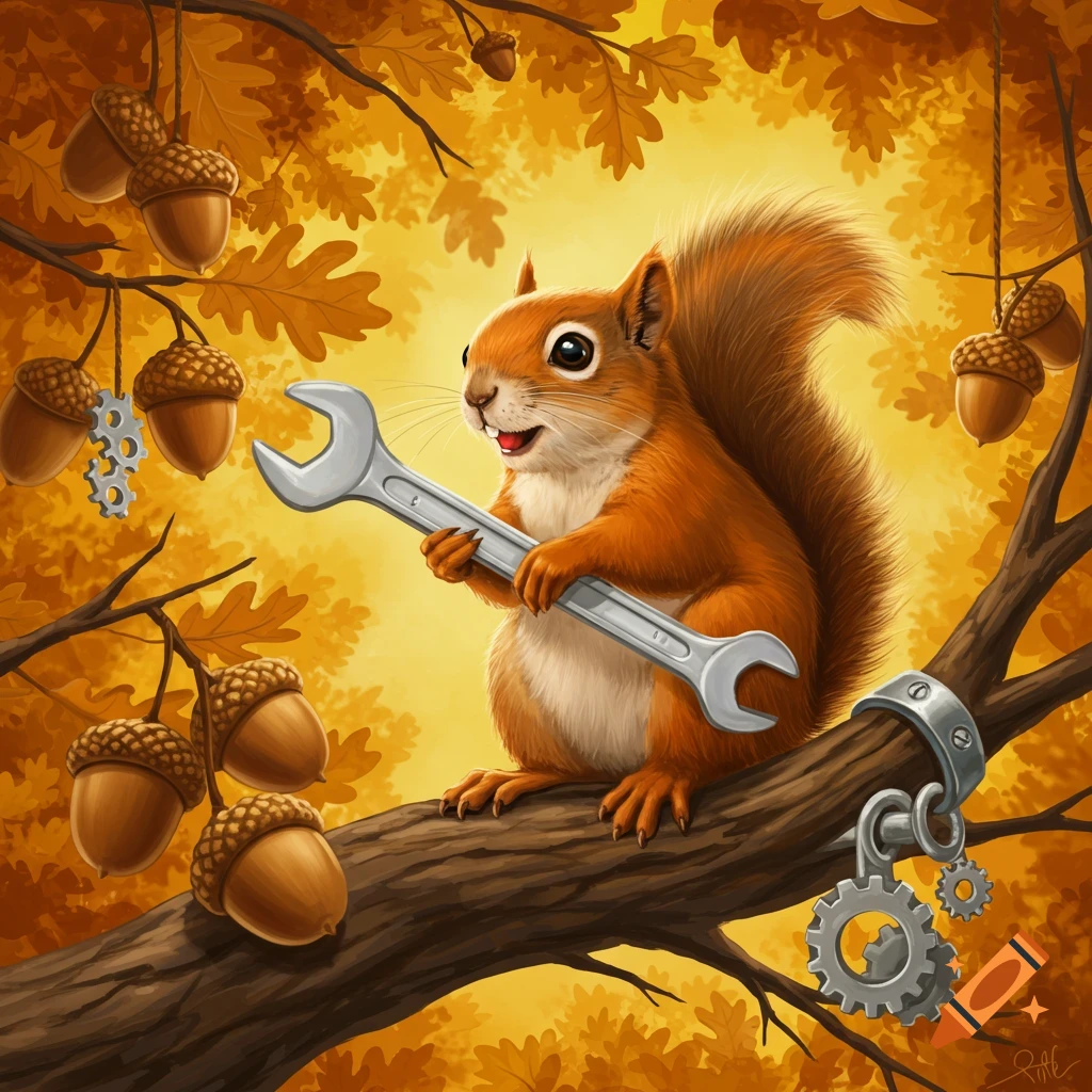 A cute, cartoonish squirrel sits on a branch, happily holding a large wrench amidst autumn leaves, acorns, and gears.