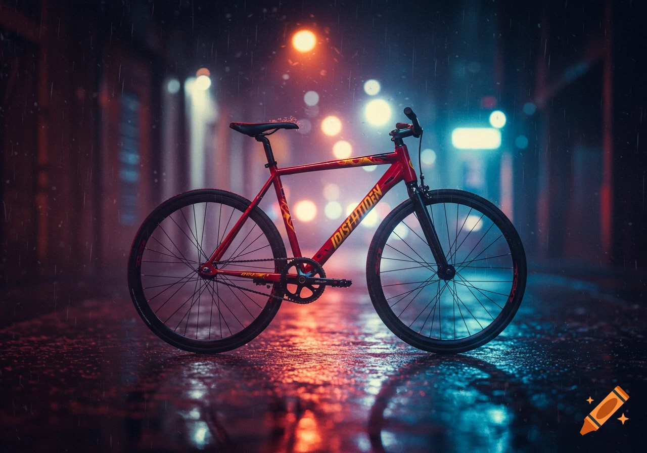 Red fixed-gear bicycle on a wet, rainy city street at night with neon reflections on the ground.