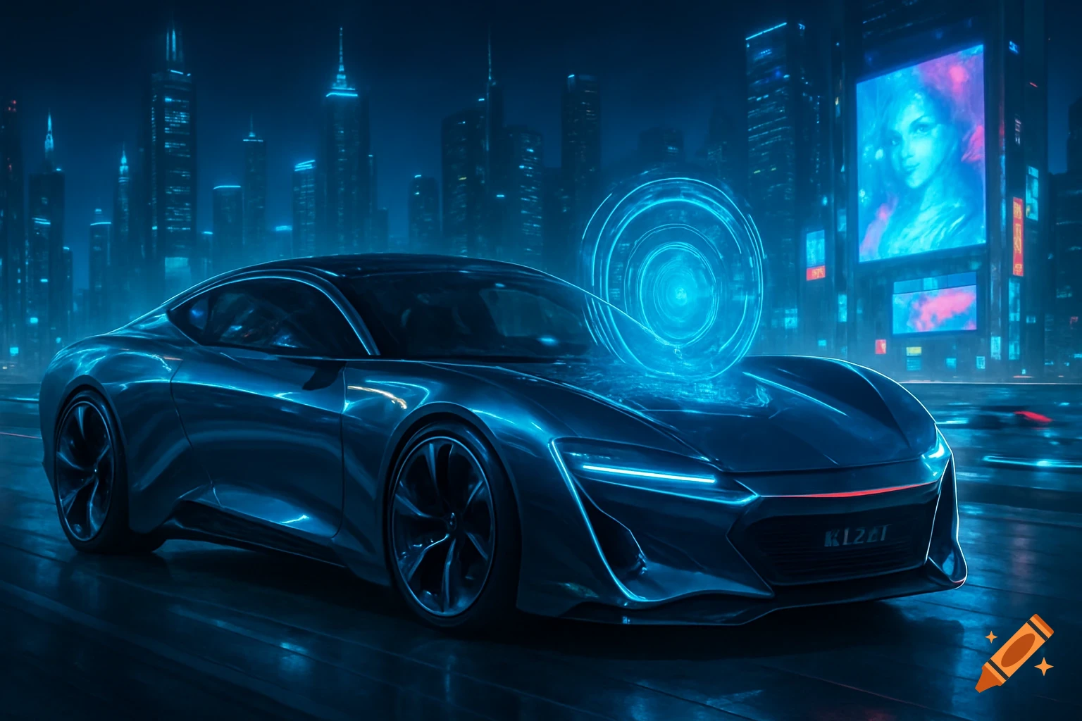 Sleek, futuristic silver sports car with blue neon lights drives through a dark cyberpunk city at night with glowing skyscrapers.