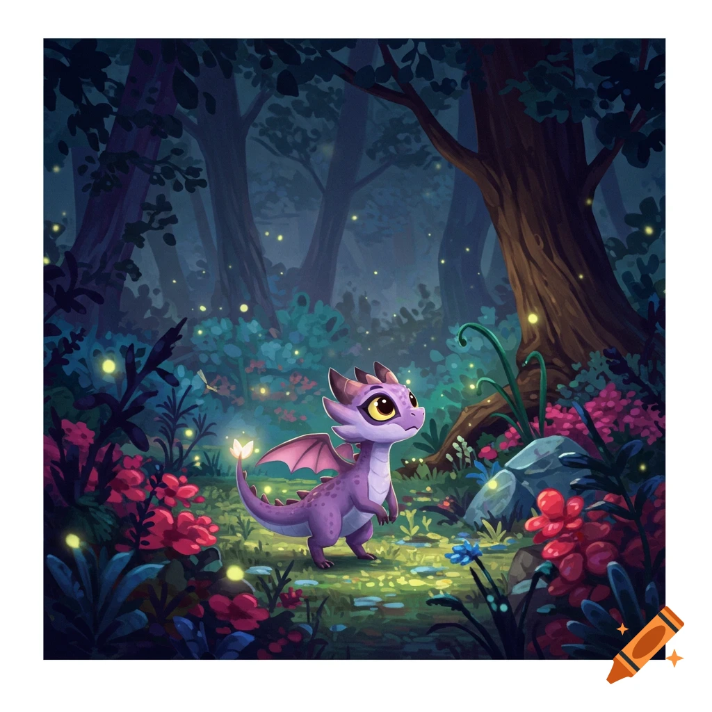 A cute purple baby dragon with large eyes stands in a magical, glowing forest with red and pink flowers. Cartoon style.