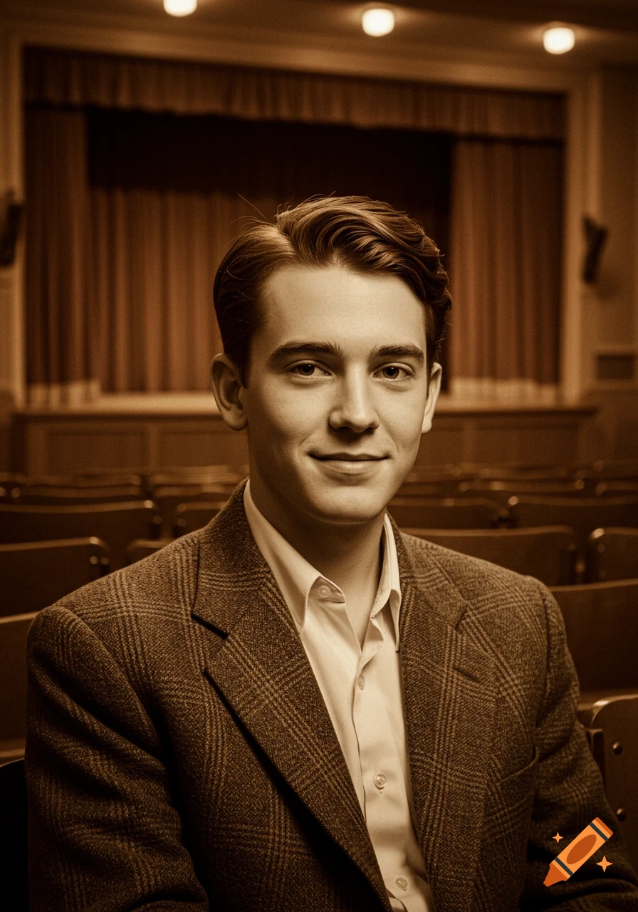 A young man in a plaid tweed jacket and white shirt smiles, sitting in an auditorium with a stage in the background, sepia toned.