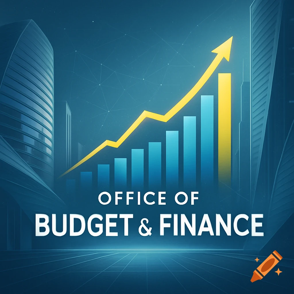 A business graphic with a blue and yellow bar chart, an upward trending yellow arrow, stylized city buildings, and the text 'OFFICE OF BUDGET & FINANCE'.
