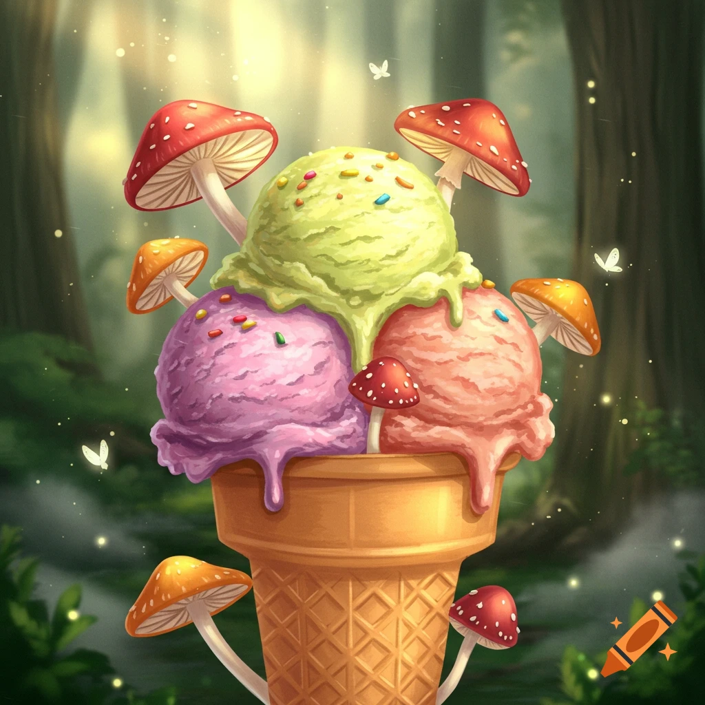 A vibrant ice cream cone with three scoops (green, purple, pink) adorned with red and orange toadstool mushrooms, set in a magical forest.