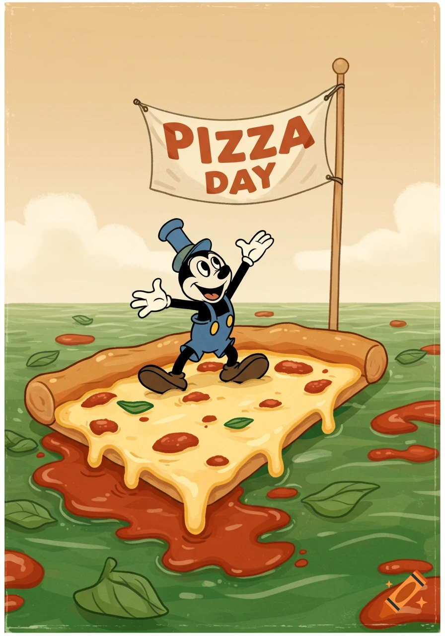 Vintage cartoon of Steamboat Willy standing on a pizza slice with melting cheese in a green field, holding a banner reading "PIZZA DAY".