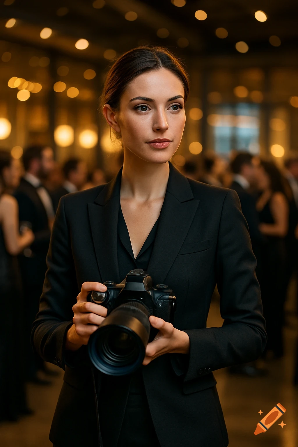 A female photographer in a black suit holds a camera at a formal event with blurred background lights.