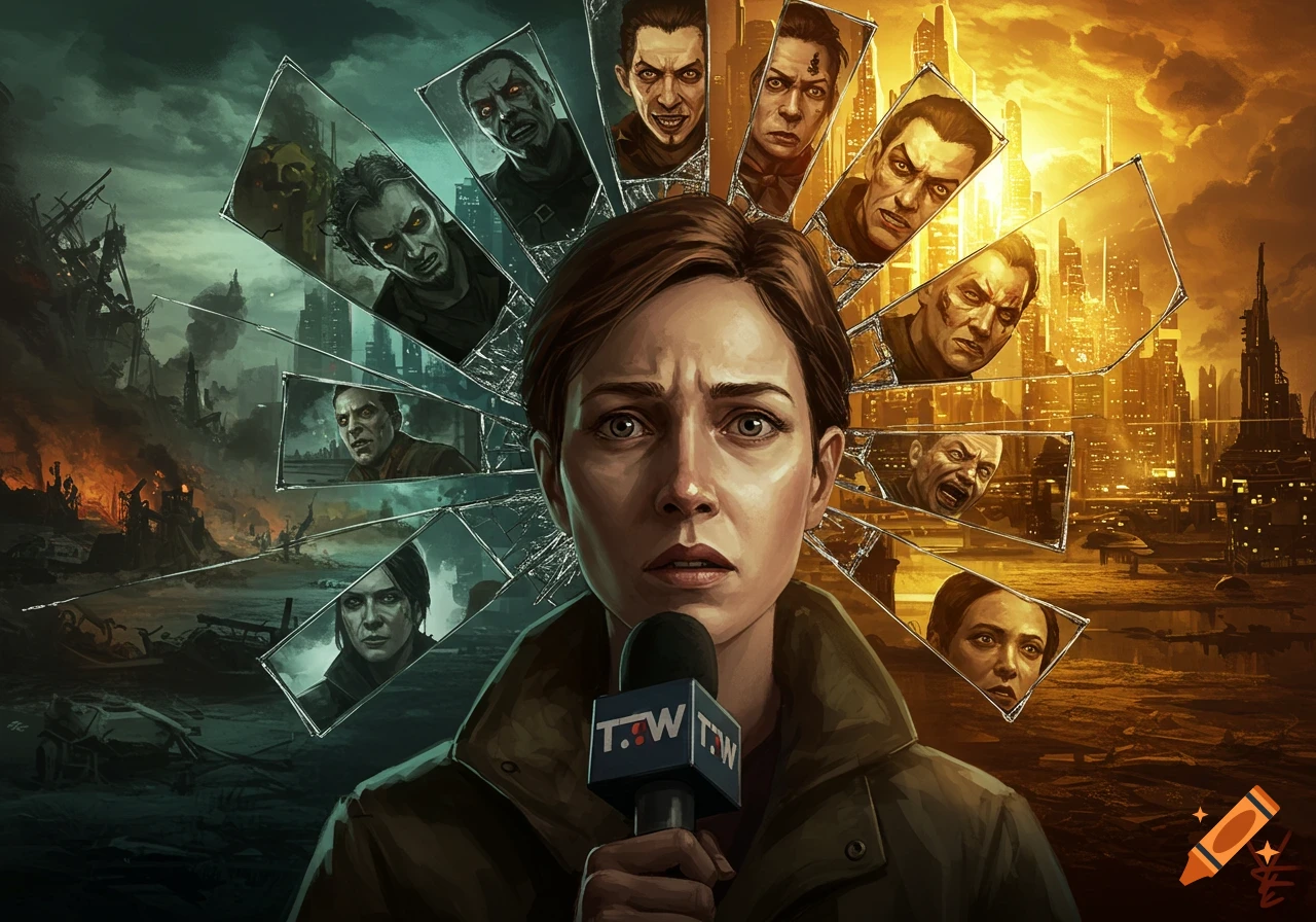 Anxious journalist holds a microphone, surrounded by broken mirrors reflecting menacing faces. Dystopian and futuristic cities in the background.