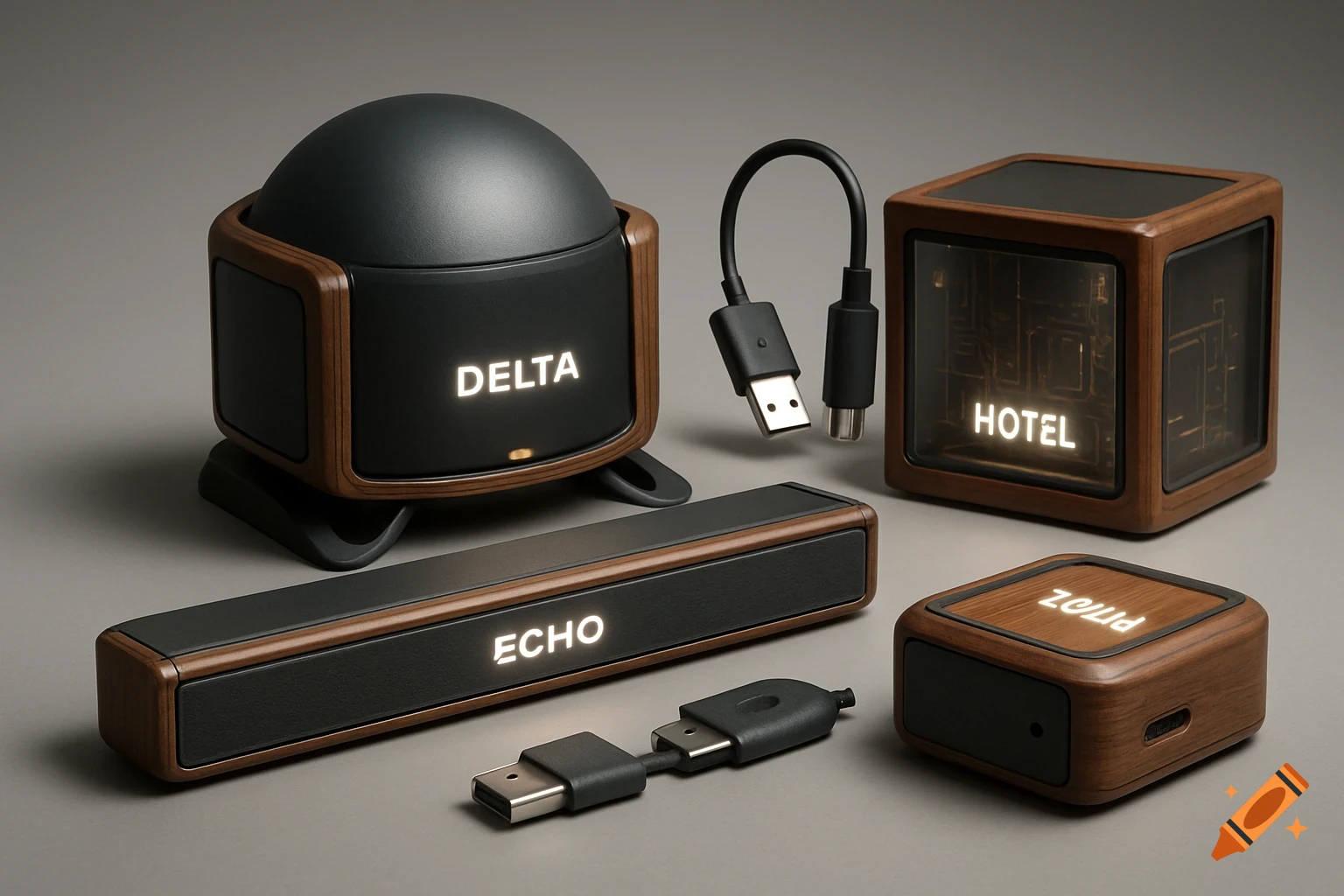 A collection of futuristic electronic devices with wooden frames, glowing text labels, and USB cables on a neutral background.