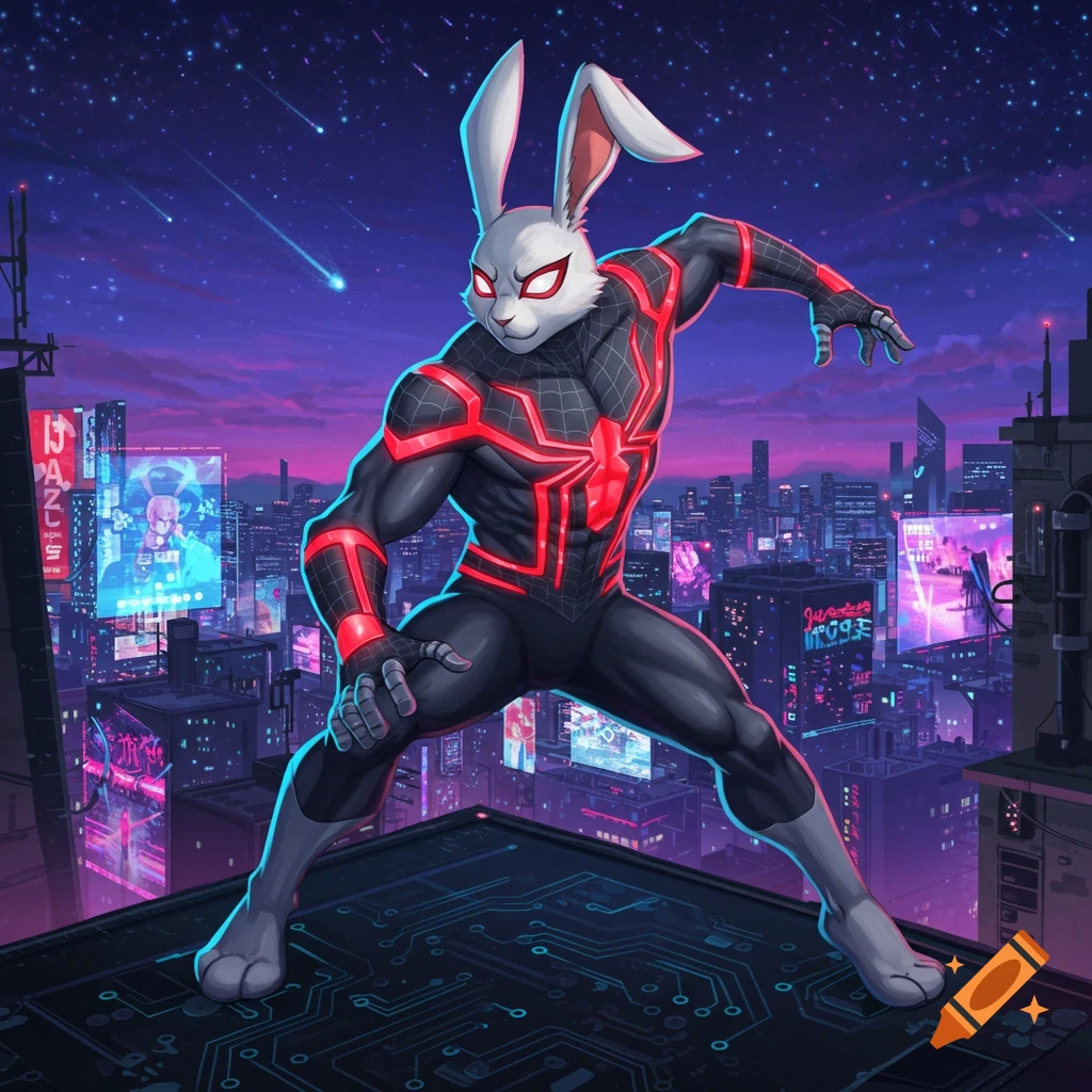 Anthro rabbit superhero in a black and red suit with a spider-like emblem, posing on a rooftop overlooking a neon-lit cyberpunk city at night.