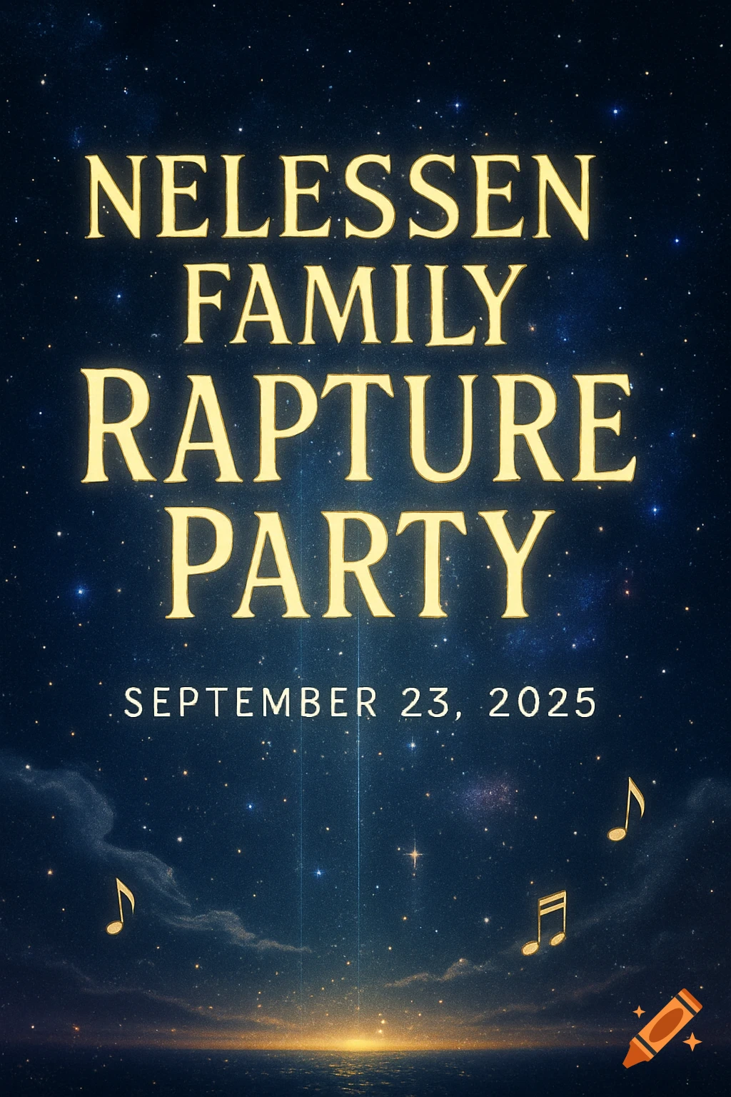 A dark blue flyer for 'NELESSEN FAMILY RAPTURE PARTY' on 'SEPTEMBER 23, 2025' with glowing gold text against a starry sky.
