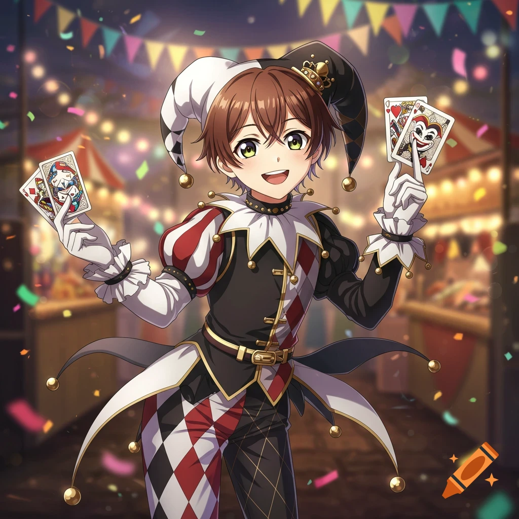 A smiling young anime boy in a black, white, and red jester costume with a pointed hat and bells, holding two playing cards (a heart and a joker) in a festive carnival setting with confetti.