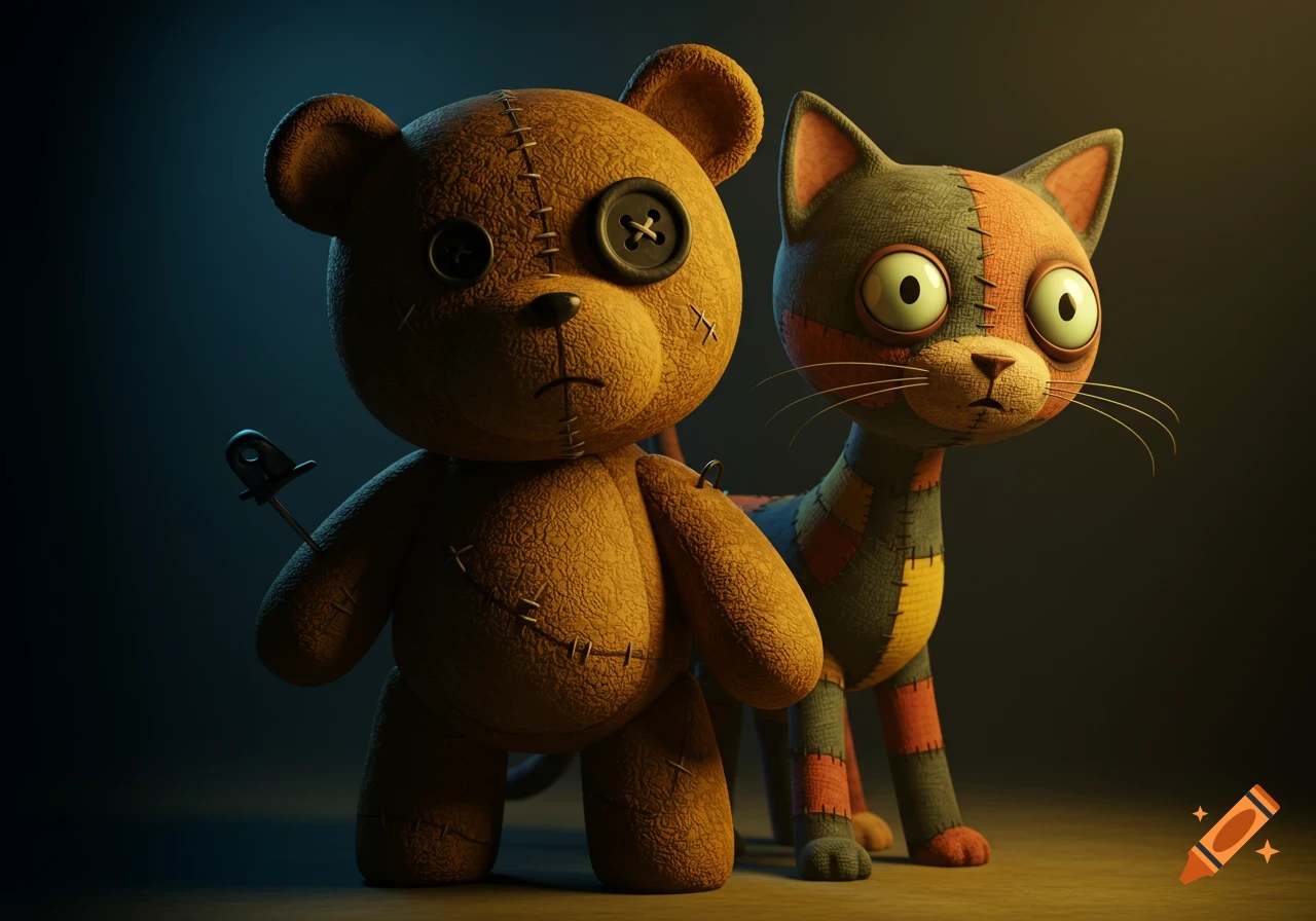 A creepy, stitched teddy bear with button eyes holds a safety pin next to a patchwork cat with wide, anxious eyes.