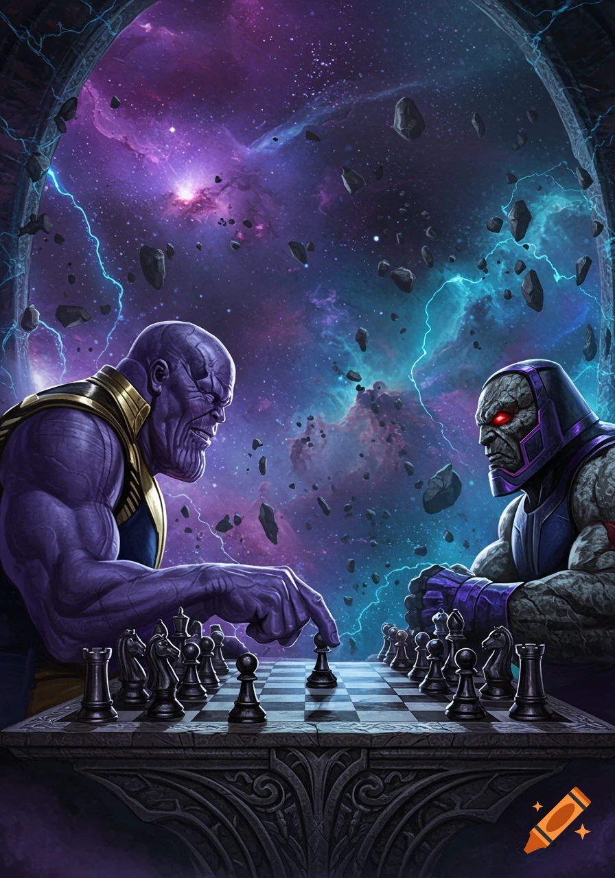 Thanos and Darkseid play chess in a cosmic void filled with swirling nebulae, floating rocks, and lightning.