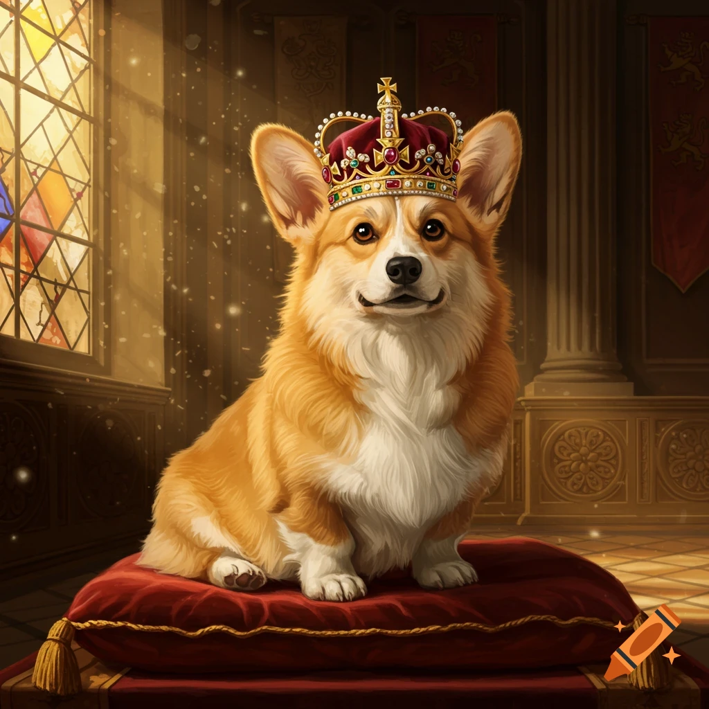 A photorealistic corgi wearing a jeweled crown, sitting regally on a red velvet pillow in a grand, sunlit chamber.
