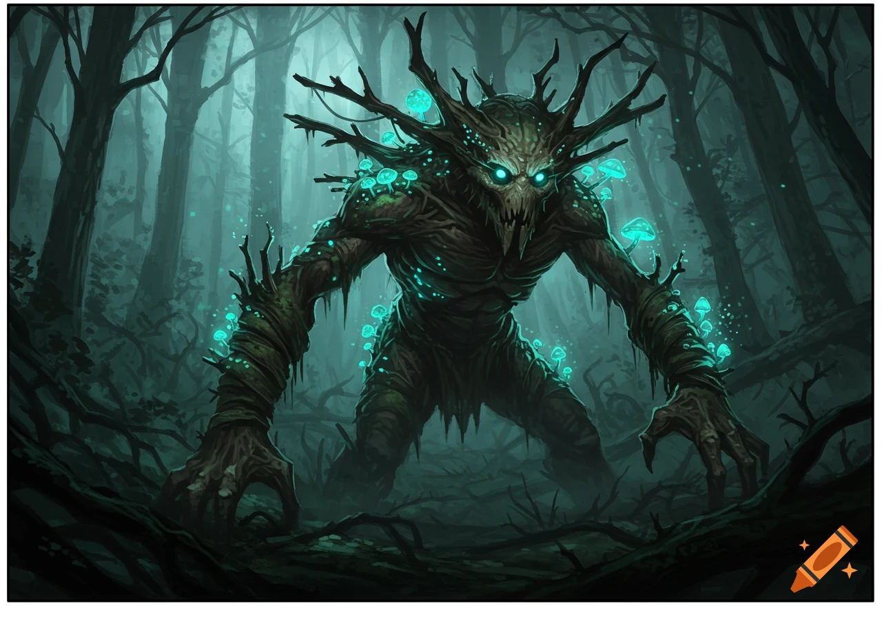 A menacing, gnarled tree monster with glowing blue eyes and bioluminescent mushrooms, standing in a dark, misty forest, digital painting.