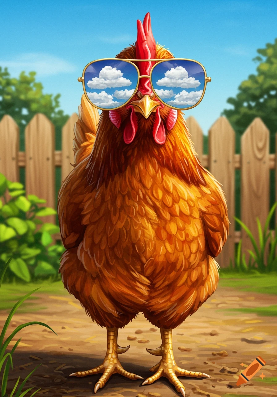 A cool, stylized brown chicken wearing gold-rimmed aviator sunglasses stands in a sunny farmyard with a wooden fence.