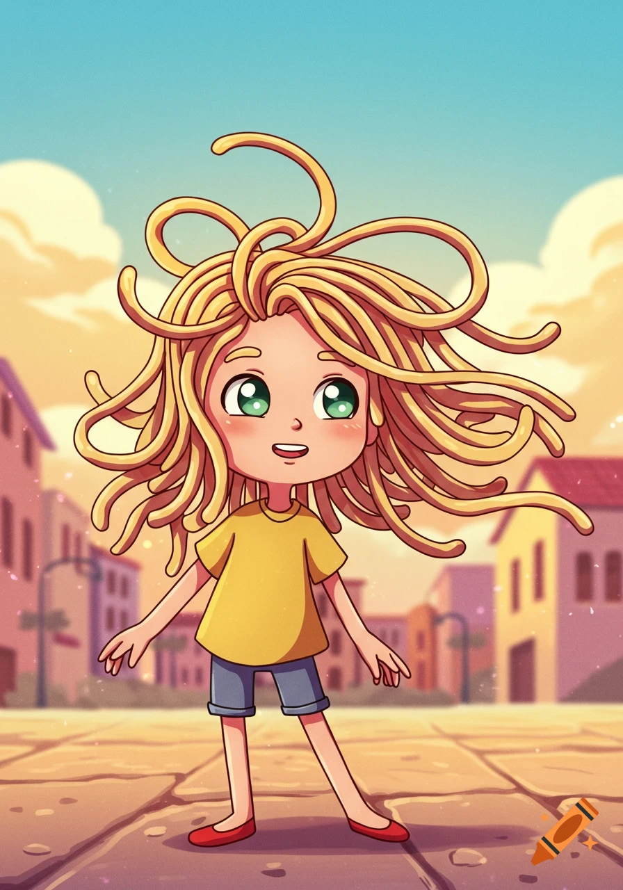 A smiling cartoon child with long spaghetti noodles for hair stands in a vibrant street scene with buildings under a warm sky.