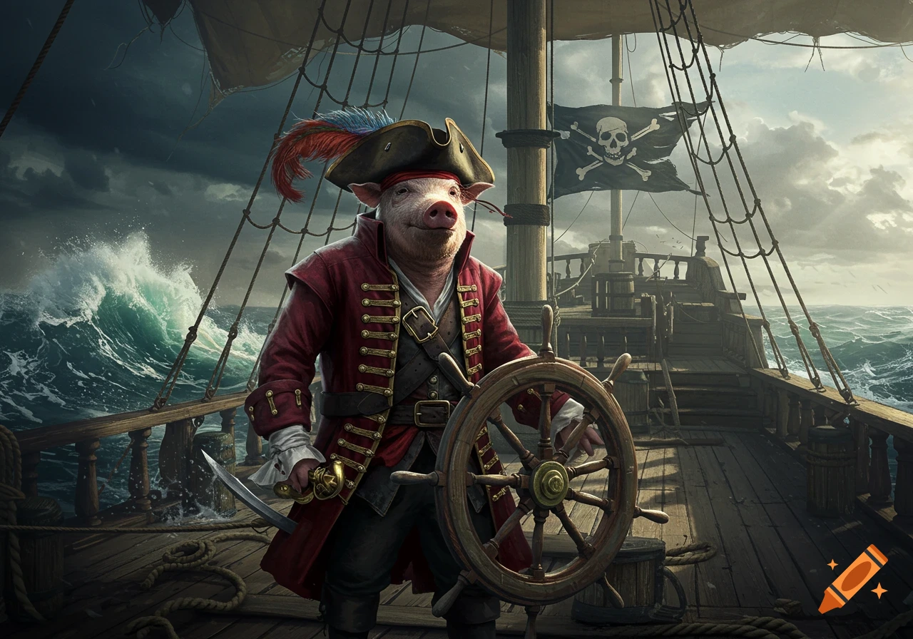 A pig dressed as a pirate captain, wearing a red coat and tricorn hat with feathers, stands at the helm of a wooden pirate ship on a stormy sea. A skull and crossbones flag flies in the background.