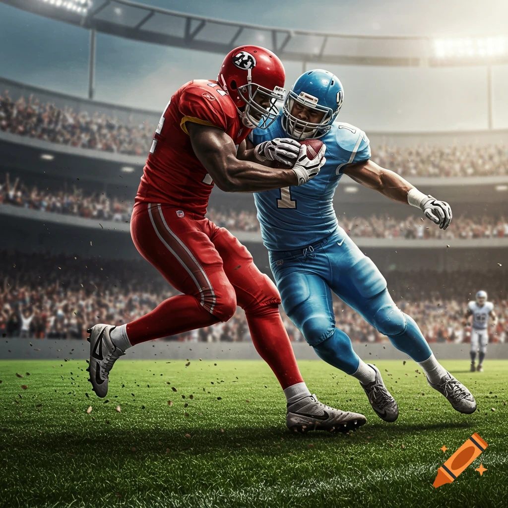 Two football players, one in red and one in blue, collide on a grassy stadium field during a game.