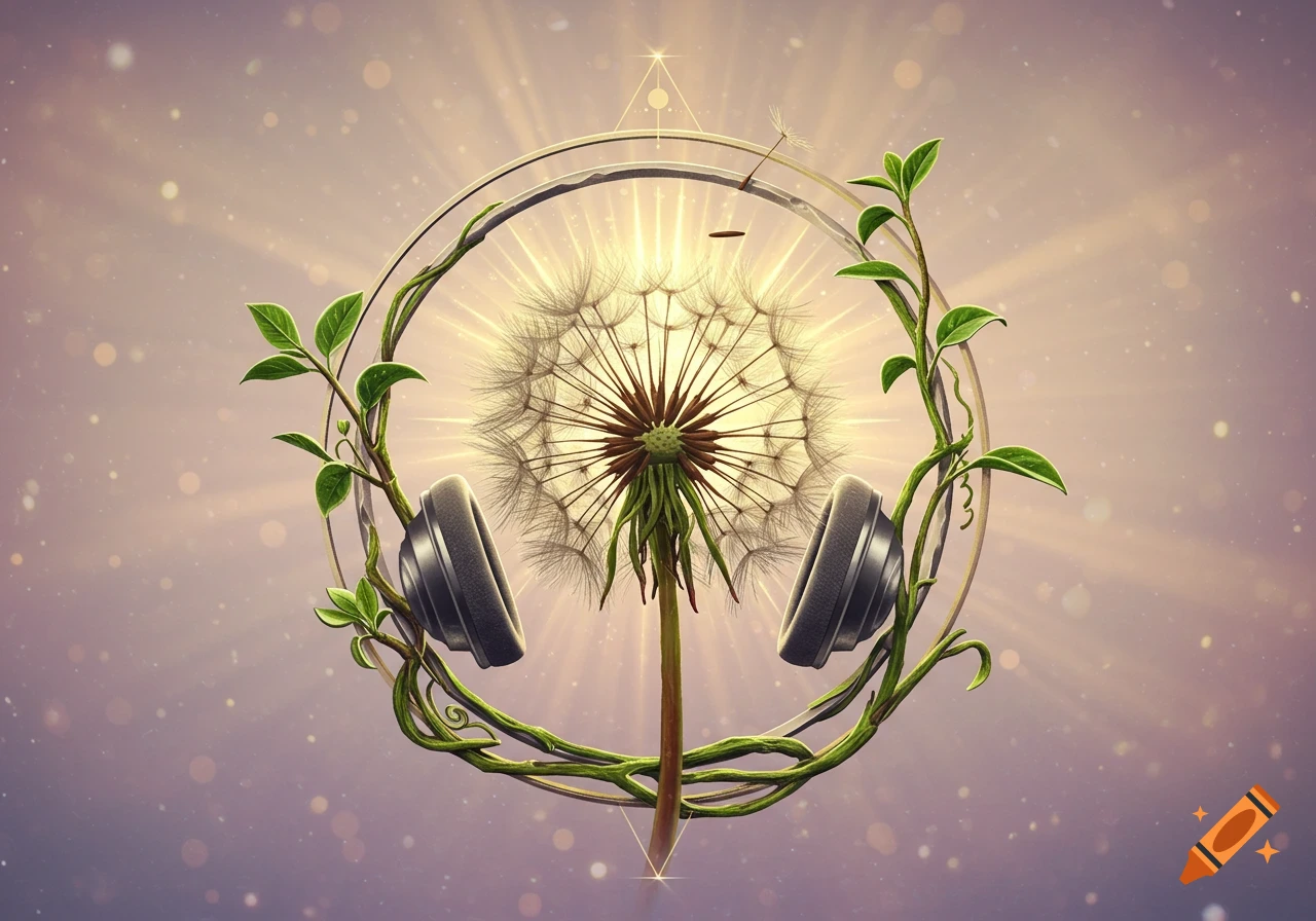 A glowing dandelion seed head centered within a circular vine wrapped around headphones, on a bokeh-filled light purple background.