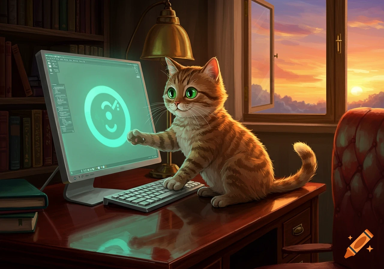 An orange tabby cat with green eyes sits at a desk, pawing a computer screen, with a sunset visible through a window.
