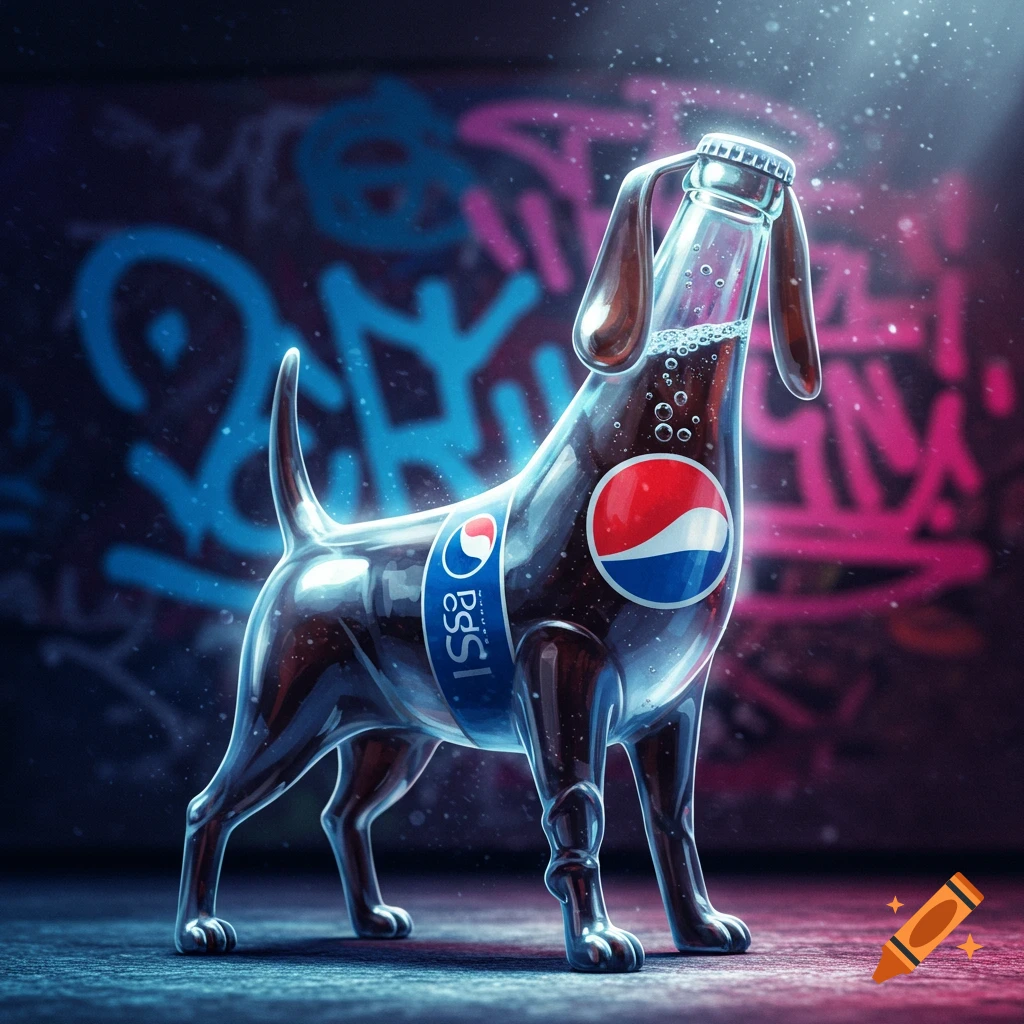 A clear glass Pepsi bottle shaped like a dog, filled with dark soda, standing in front of a colorful graffiti wall.