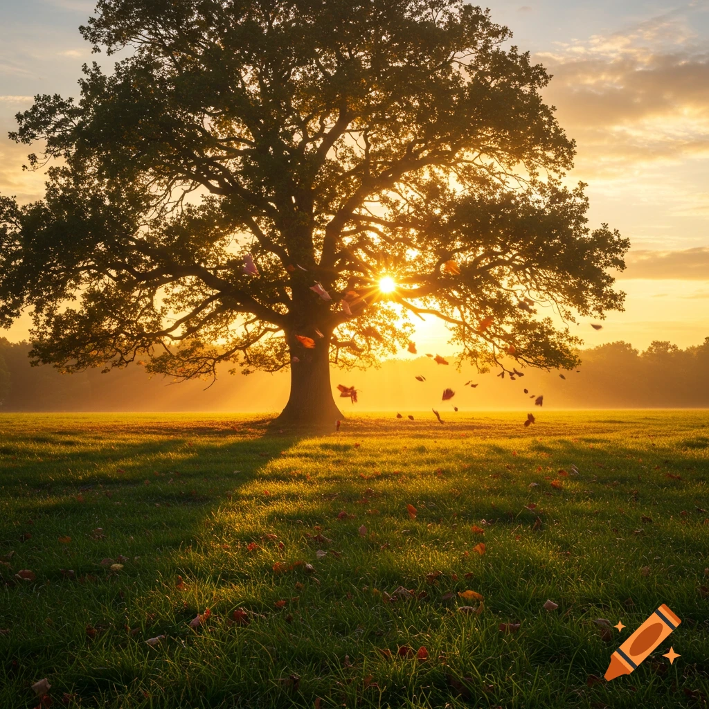 A majestic tree stands silhouetted against a golden sunset in a grassy field with falling leaves, photorealistic style.