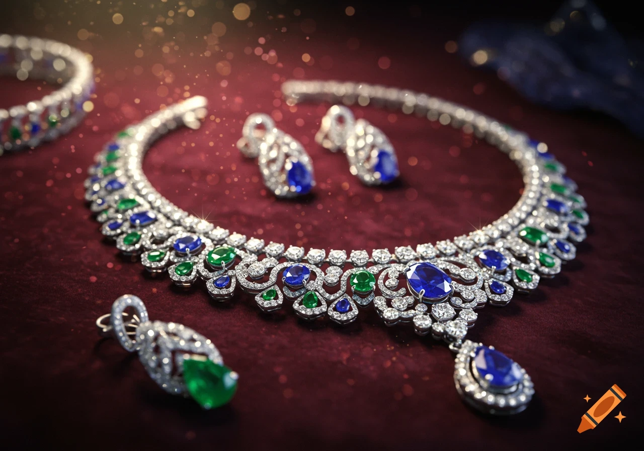Close-up of a dazzling diamond, sapphire, and emerald necklace with matching earrings on a dark red velvet surface with sparkling lights.