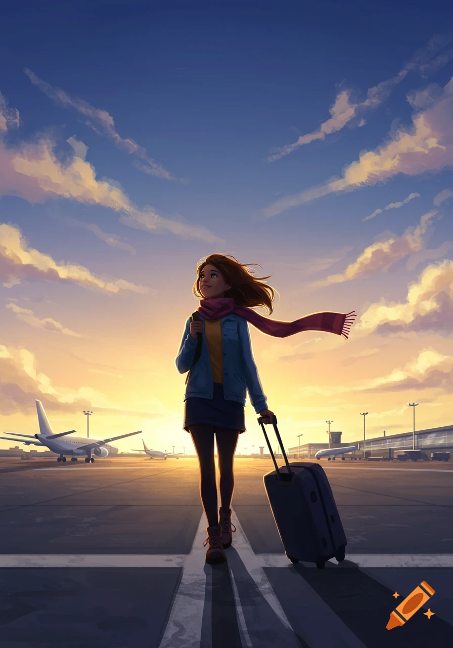 A confident young woman pulls a suitcase across an airport tarmac at sunset, with airplanes in the background. Illustrated style.