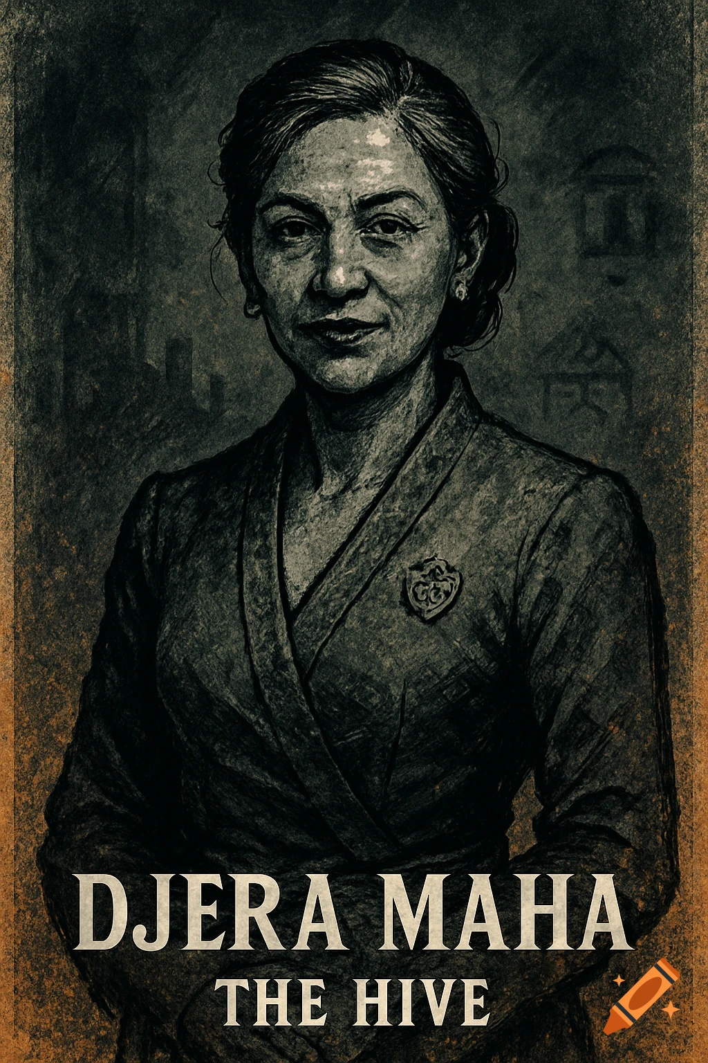 A gritty, stylized illustration of a mature Southeast Asian woman in formal attire, with 'DJERA MAHA THE HIVE' text.