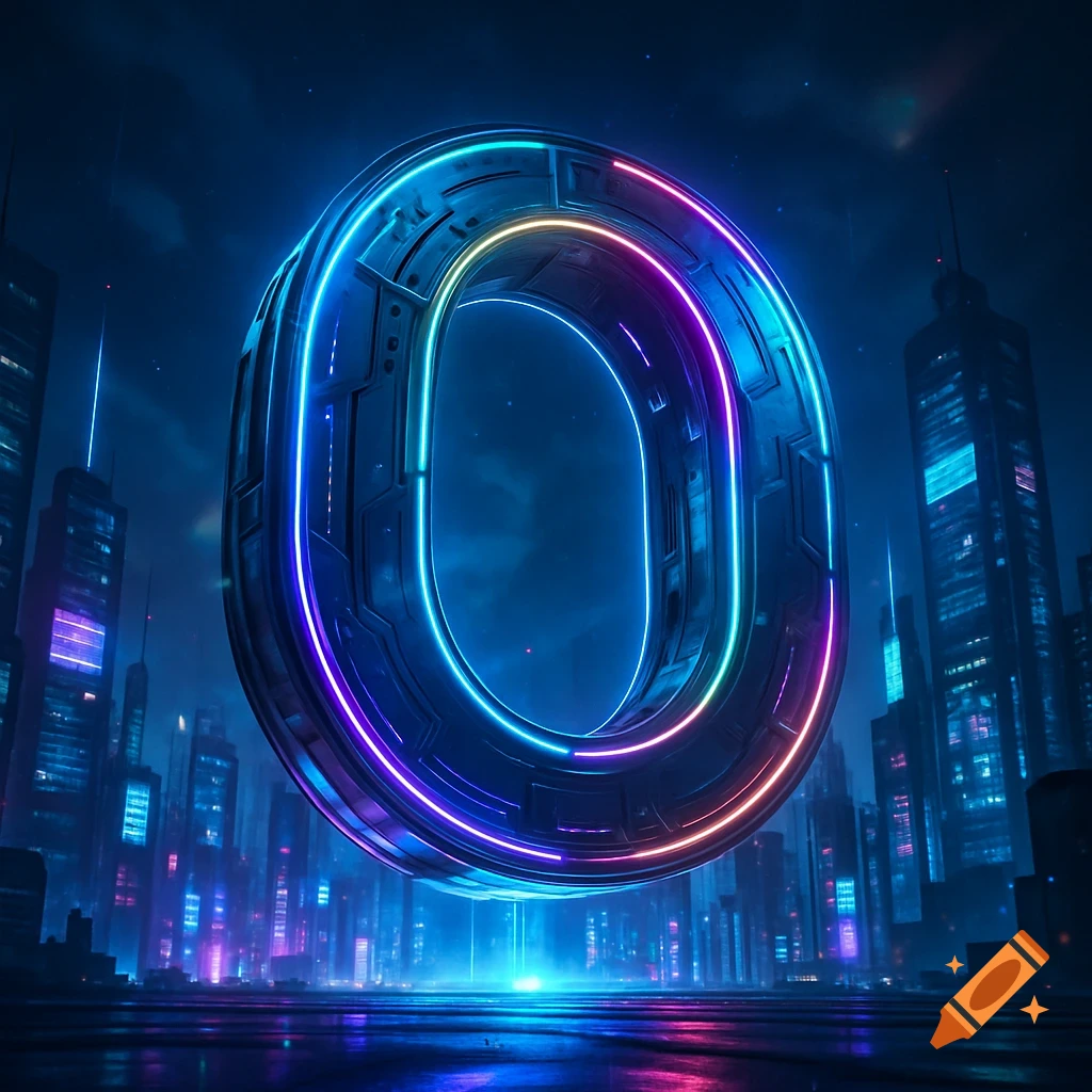 A large, futuristic neon '0' glows with blue, purple, and pink light, hovering above a dark, sci-fi city skyline at night.