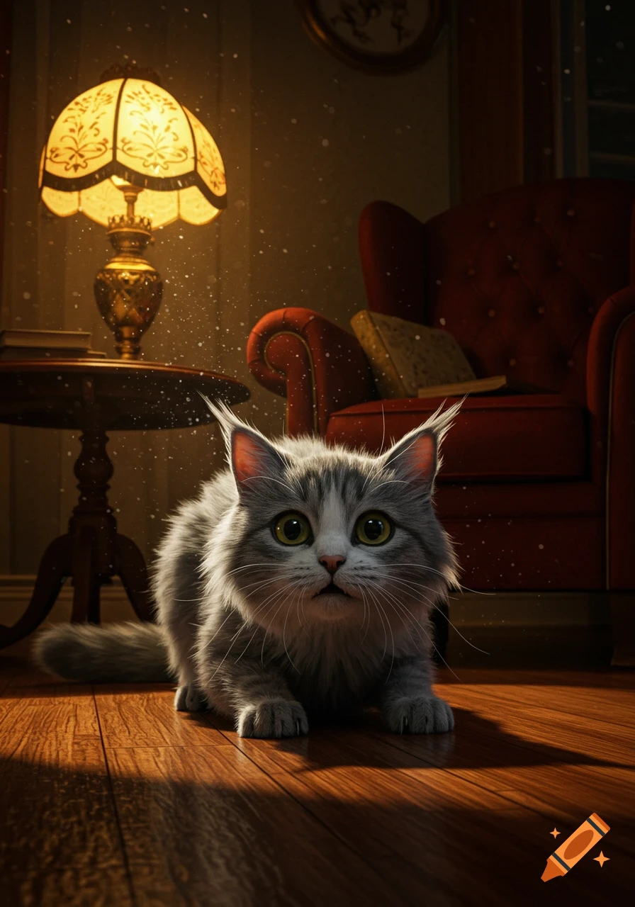 A fluffy gray and white cat with wide green eyes looks startled, crouching on a wooden floor in a dimly lit room.