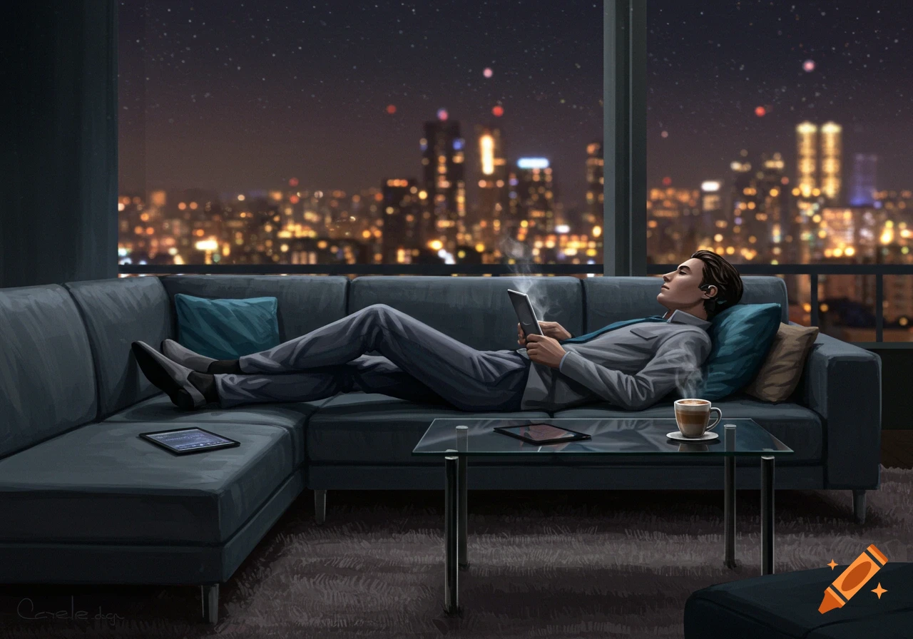 An illustrated man in a suit relaxes on a sofa, looking at a tablet, overlooking a vibrant city skyline at night.