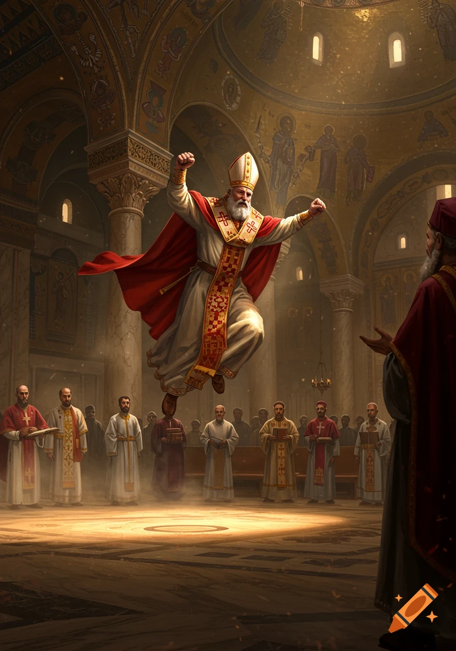 St. Nicholas floats in a dramatic pose within an ornate church, surrounded by other clergy in a detailed painting.