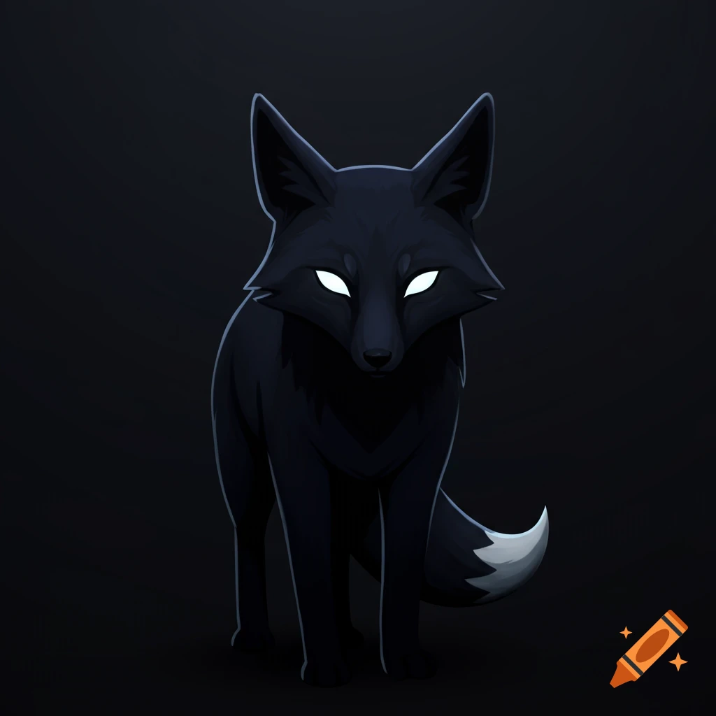 A stylized black fox with bright white glowing eyes, looking forward, against a dark, minimalistic background.