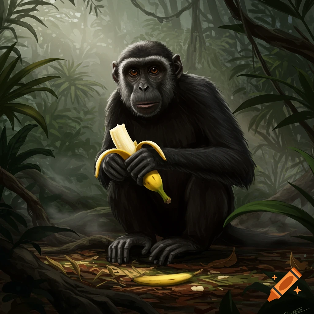 A chimpanzee sits in a lush, green jungle, holding a half-peeled banana with another banana on the ground.