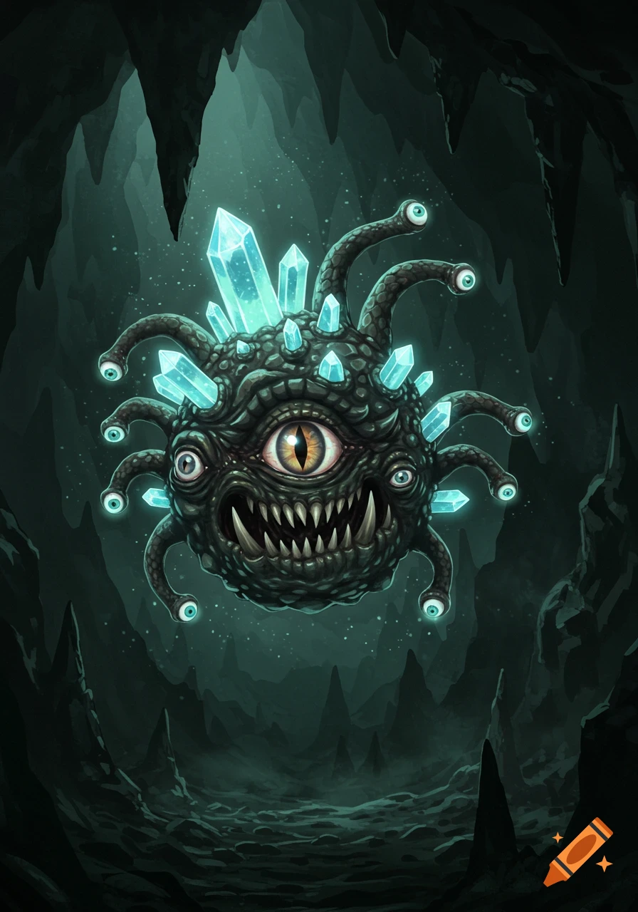 A terrifying D&D beholder creature covered in glowing blue crystals floats menacingly in a dark cave.